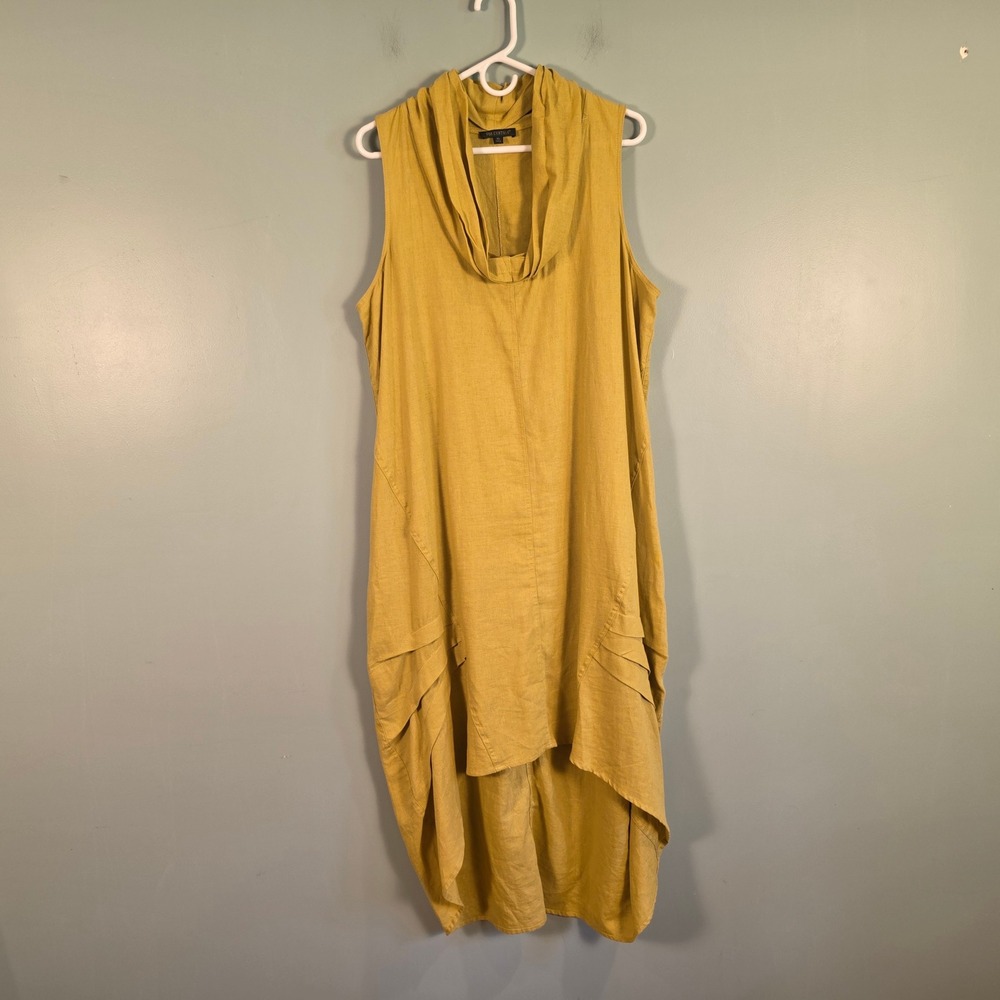 For Cynthia Mustard Yellow Linen Blend Cowl Neck High Low Midi Dress XL